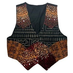 Vintage Funky Suede Leather Animal Print Aztec to‎ Wear Bohemian Waistcoat Vest